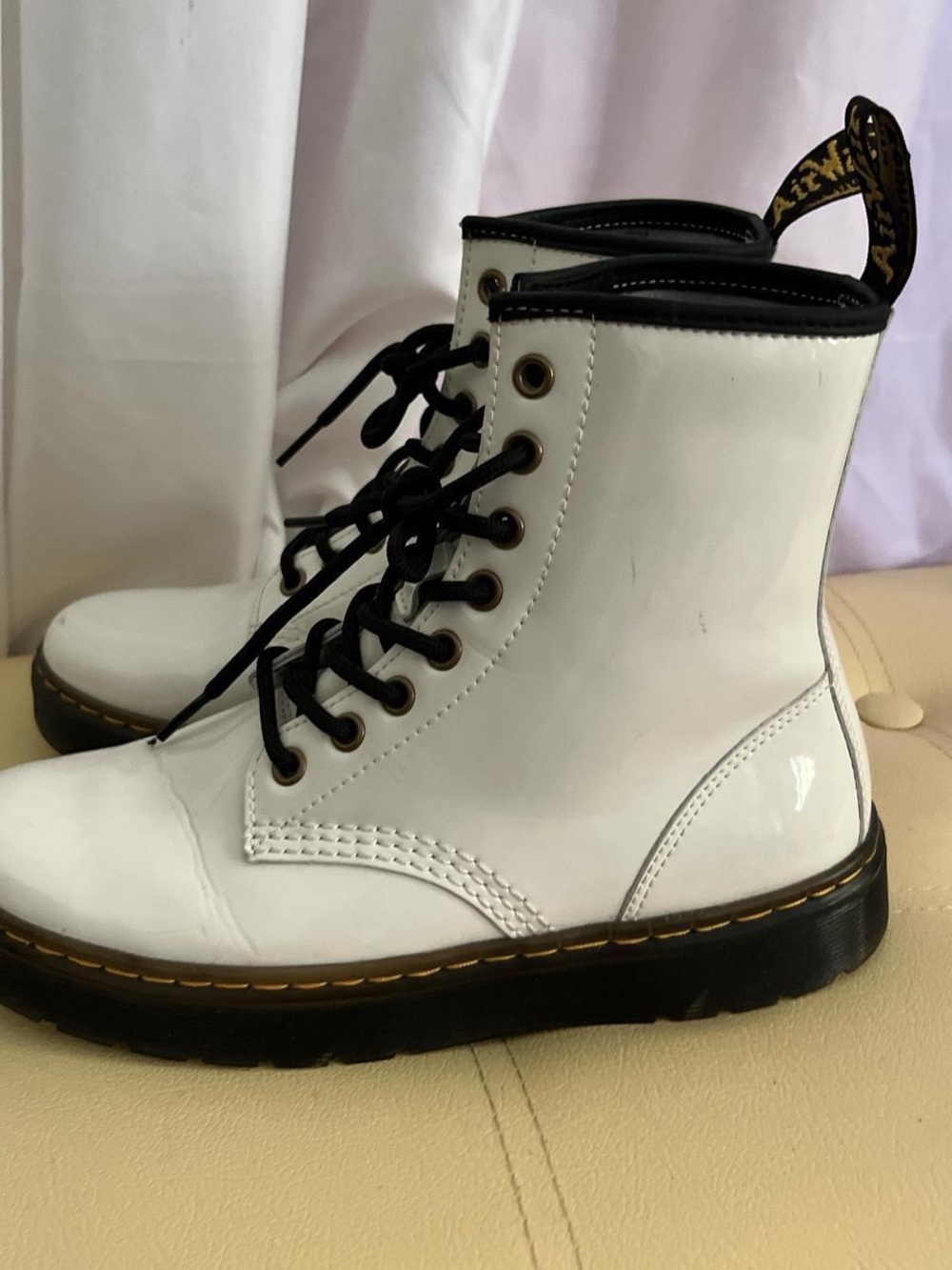 White Patent Lace-Up Boots with Black Trim - Picture 5 of 6